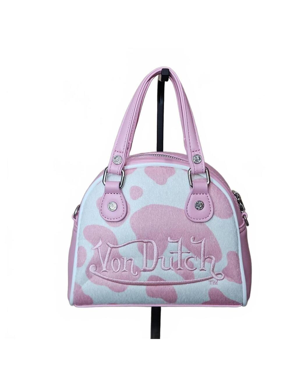 Von Dutch Pink Cow Print Mini Satchel Crossbody Y2K / McBling vibe Fur Bag NWT